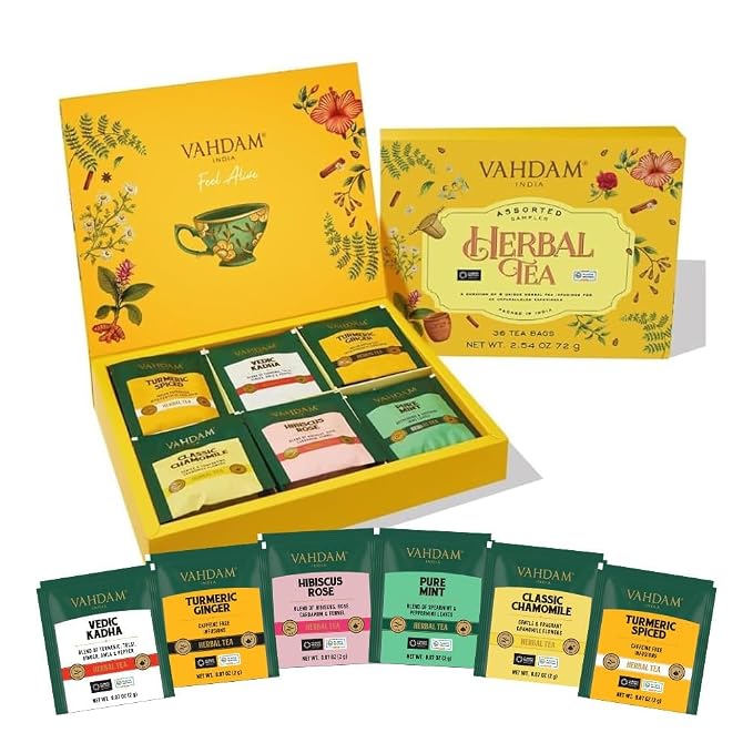VAHDAM, Assorted Herbal Tea Variety Pack (6 Variants, 36 Tea Bags) Caffeine Free, Gluten Free, Non GMO | Eco Friendly Long Leaf Pyramid Tea Bags I Tea Gift Set for Men and Wome