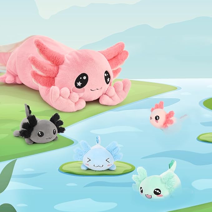 MaoGoLan 32 inch Large Pink Axolotl Stuffed Animals Bulk with 4 Babies, Cute Kawaii Plush Axolotl Toys Stuffed Salamander for Girls Kids Christmas Valentine's Day Gift, Glow in The Dark
