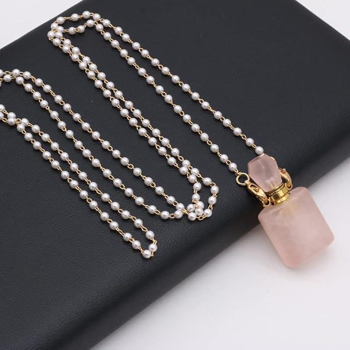 1pcs Natural Rose Quartz Stone Perfume Bottle Pendant Pearl Bead Chain Rectangle Heart Necklace for Women Jewelry Free Accessory Glasses