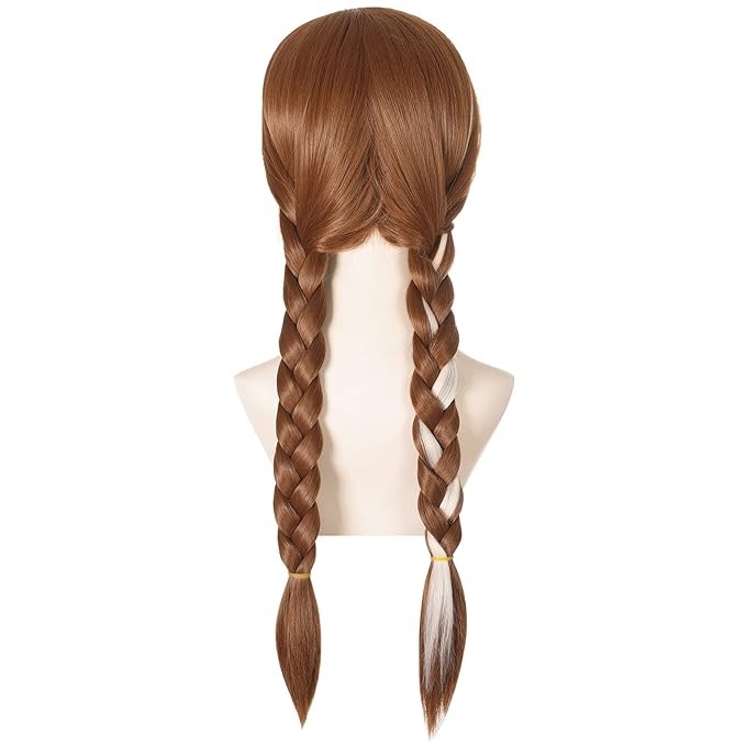 morvally Long Brown Braided Cosplay Wig for Women with Necklace Pigtails Synthetic Hair Wigs for Princess Costume Halloween Party Adult Size (Adult)