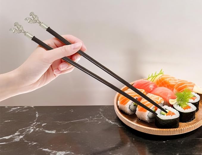Wooden Chopsticks 9⅞" Long Coconut Palm Wood Chopstick Metal Chicken Top Eating Utensils Oriental Cutlery Asian Tableware Decorative Dinnerware to Serve Chinese Japanese Korean Food