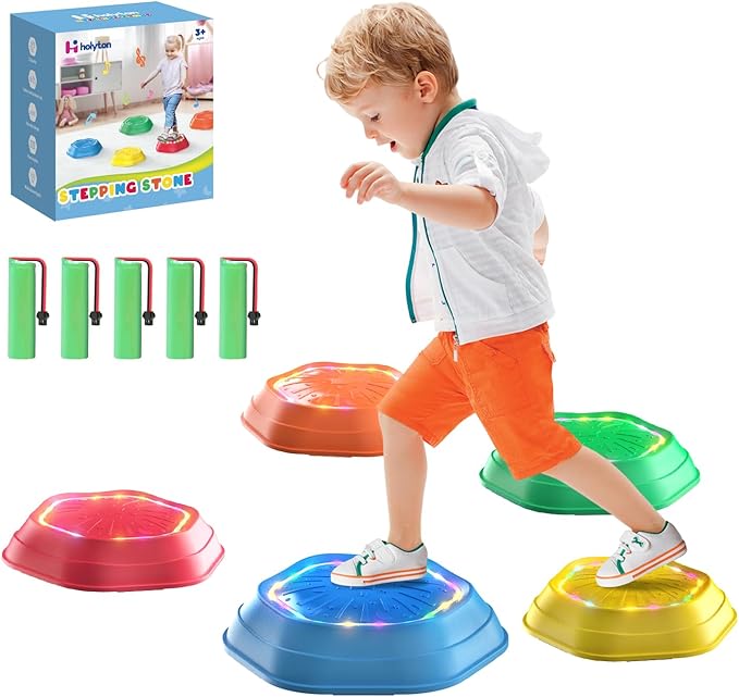 Holyton Upgraded Music Light-Up Stepping Stones for Kids, 5-Pack Sensory Balance Toys with Batteries, Non-Slip Design, for Ages 3–8, Ideal for Sensory Training, Indoor & Outdoor Play, Great Gift Idea