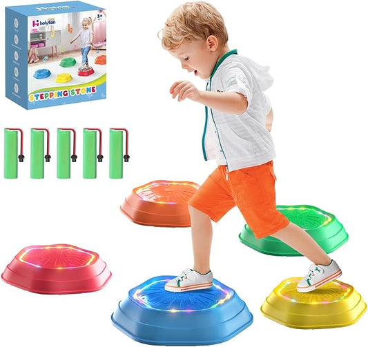 Holyton Upgraded Music Light-Up Stepping Stones for Kids, 5-Pack Sensory Balance Toys with Batteries, Non-Slip Design, for Ages 3–8, Ideal for Sensory Training, Indoor & Outdoor Play, Great Gift Idea