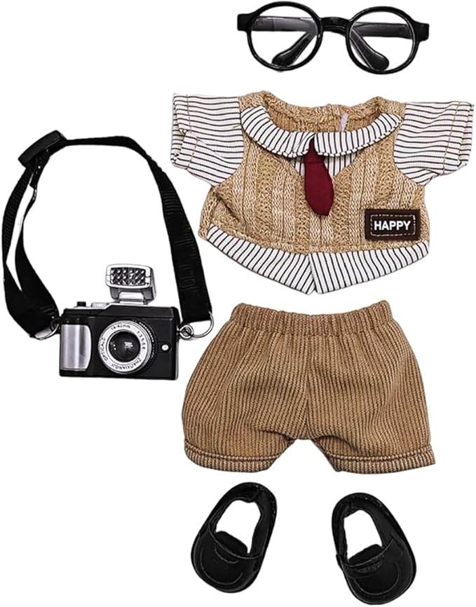 5 Set 17cm Doll Clothes -Clothes for Dolls Outfit - Accessories for 17cm Dolls Clothes +Light Pink Heart-Shaped Velvet hat + Small Camera + Glasses + Canvas Shoes, No Doll Included (Style M)