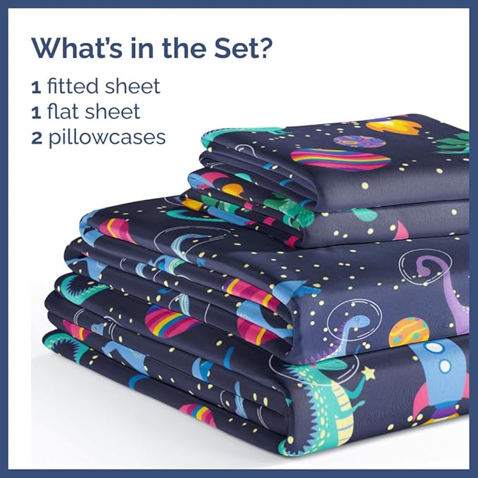 Kids Queen Size Bed Sheet Set - 4 Piece Kids Loft Bed Sheets - Space Dinosaur Themed Bedding - Soft, Cute - Breathable and Machine Washable - Colorful Dino Bed Set for Boys, Girls, Teens and Toddlers