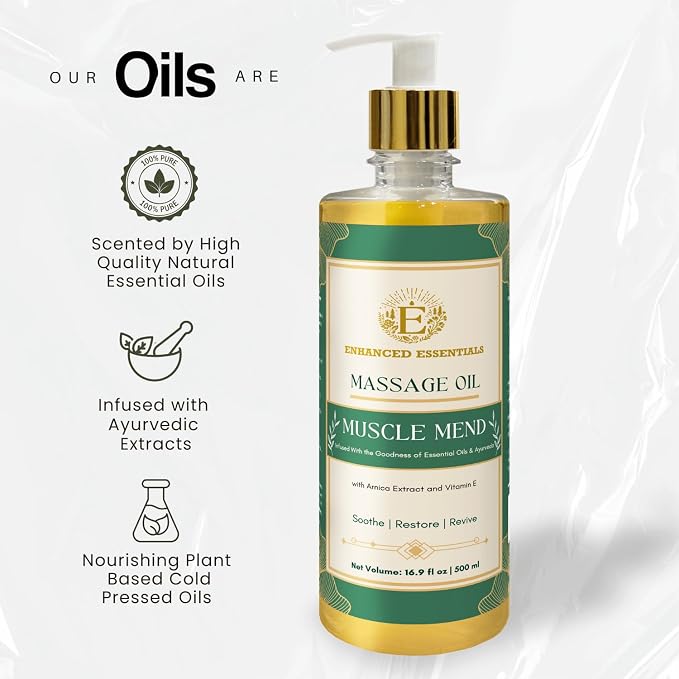 Muscle Mend| Muscle Recovery Massage Oil with Arnica, Ashwagandha & Essential Oils| Soothing,Non-Greasy, Fast-Absorbing| Use Post-Workout or Bedtime | 500ml (16.9 fl oz)