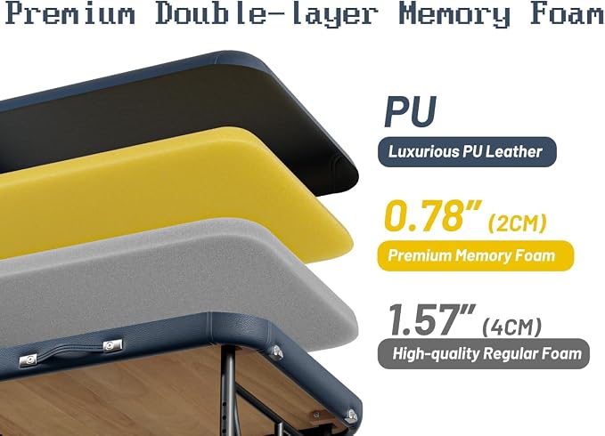 Professional Massage Table Portable 2 Fold Premium Memory Foam Aluminium Leg Hold Up to 1100LBS 8 Heights Adjustable with Carrying Bag Blue