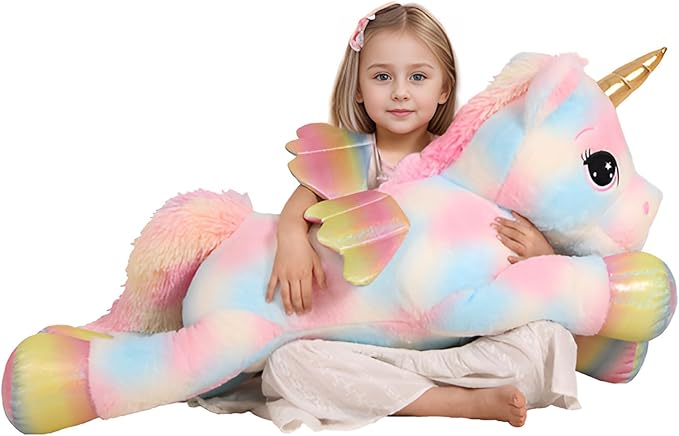 FFxiong 44 Inch Giant Color Unicorn Stuffed Animal Pillow, Cute Soft Big Unicorn with Rainbow Wings Large Plush Toy, Gifts for Girlfriend Girl Boy Kids Christmas Birthday Valentines
