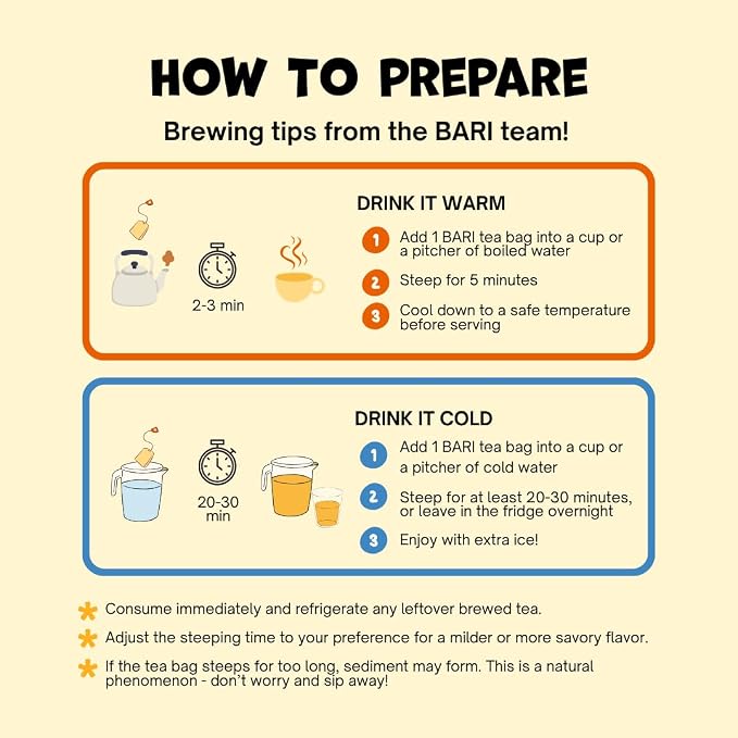 BARI Organic Baby Barley Tea – Baby Tea for the Whole Family | Korean Boricha, Caffeine-Free, No Sugar, Heavy Metal Tested | 20 Tea Bags