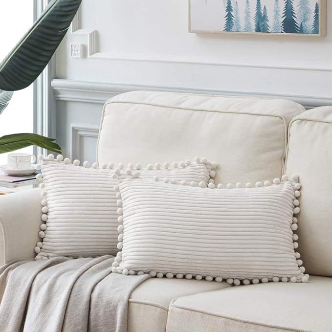 Fancy Homi 2 packs Cream White Boho Decorative Throw Pillow Covers with Pom-poms, Soft Corduroy Solid Square Cushion Cases Set for Living Room Couch Sofa Bedroom Car (12x24 Inch/30x60 cm, Cream White)