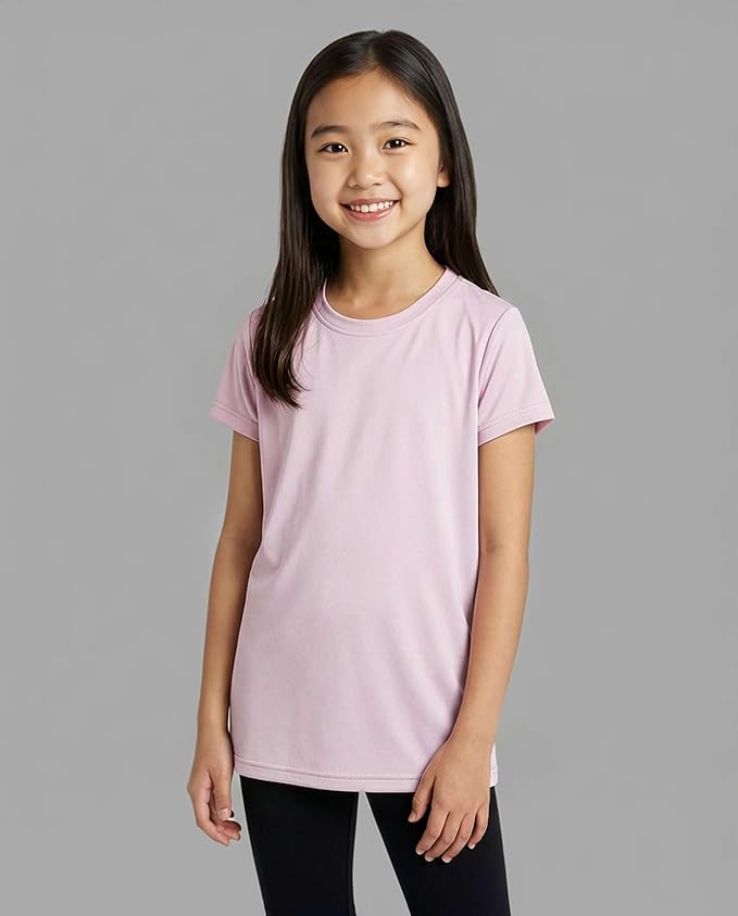 Real Essentials 5 Pack: Girls' Short Sleeve Dry-Fit Athletic T-Shirt - Active Gym Crew Neck Tops for Teens Kids (Ages 4-16)