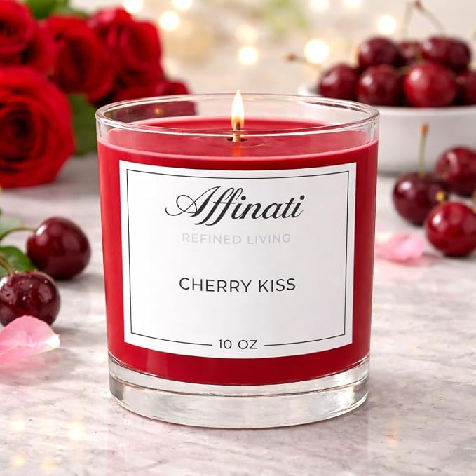 Cherry Kiss Affinati 10 oz Scented Candle for Home – Long Lasting Fruity Soy Blend Candle with Wooden Wick, Strong Scent Throw Glass Jar Candles, Premium Clean Burning Aromatherapy Gifts