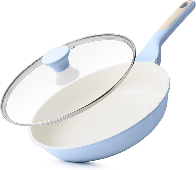 SENSARTE 8Inch Nonstick Ceramic Frying Pan with Lid, PFAS/PTFE Free, Blue | Ceramic Omelette Pan Skillet, Healthy Non-toxic Chef's Pan, Induction Compatible Pan, Heat Resistant Handle