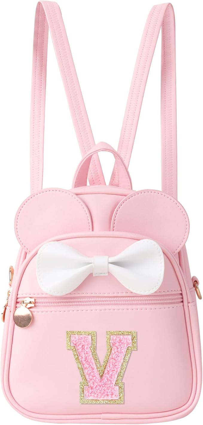 Personalized Toddler Backpack for Girls 3–10, Cute Mini Bowknot Mouse-Ear Toddler Bookbag Crossbody Purse, Small Daypack Wallet Set, Initial Birthday Gift, Trendy Little Kids/Teen Bag(Pink,V)