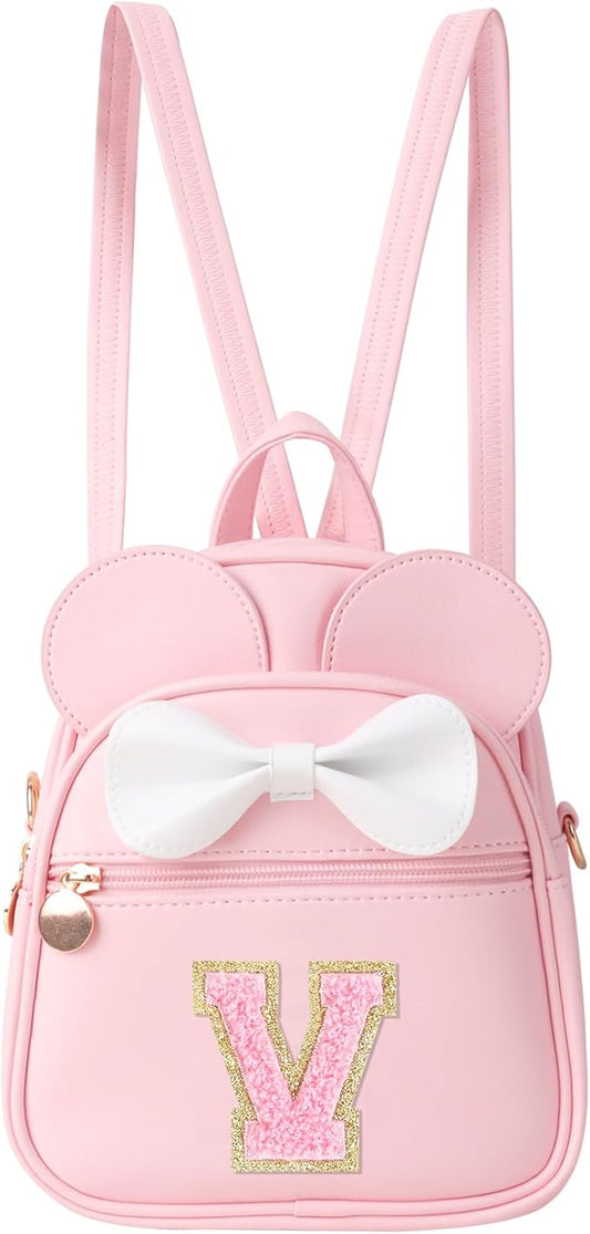 Personalized Toddler Backpack for Girls 3–10, Cute Mini Bowknot Mouse-Ear Toddler Bookbag Crossbody Purse, Small Daypack Wallet Set, Initial Birthday Gift, Trendy Little Kids/Teen Bag(Pink,V)
