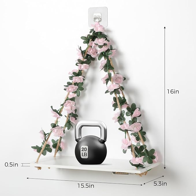 EXIN DECHEN Wall Decor for Bedroom,Floating Shelves,Room Decor Aesthetic | Set of 2,Pink,No Drill Shelves,Leaves and Light Strip with Flower,Cute,Teen Girls,Princess,Coquette for Dorm Livingroom Decor