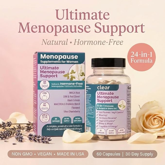 Clear Menopause Support for Women | 25-in-1 Formula with Black Cohosh, Dong Quai, Pre & Probiotics | Hot Flashes, Night Sweats, Mood, Sleep & Digestion | Hormone-Free | Made in USA | 60 Capsules