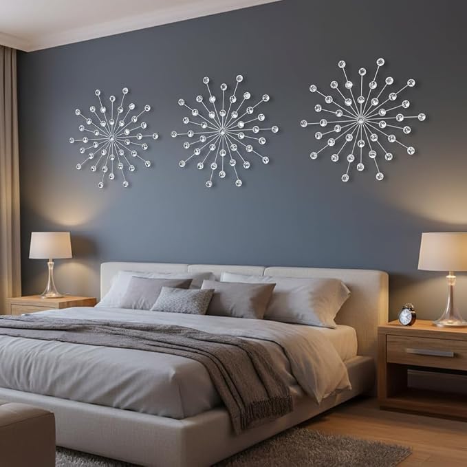 ZEXUIRU 3 Set Silver Starburst Wall Art for Home Decor Metal Bling Crystal Rhinestones Sunburst Wall Decor Sparkling Rhinestone Art Accent Silver - 18in