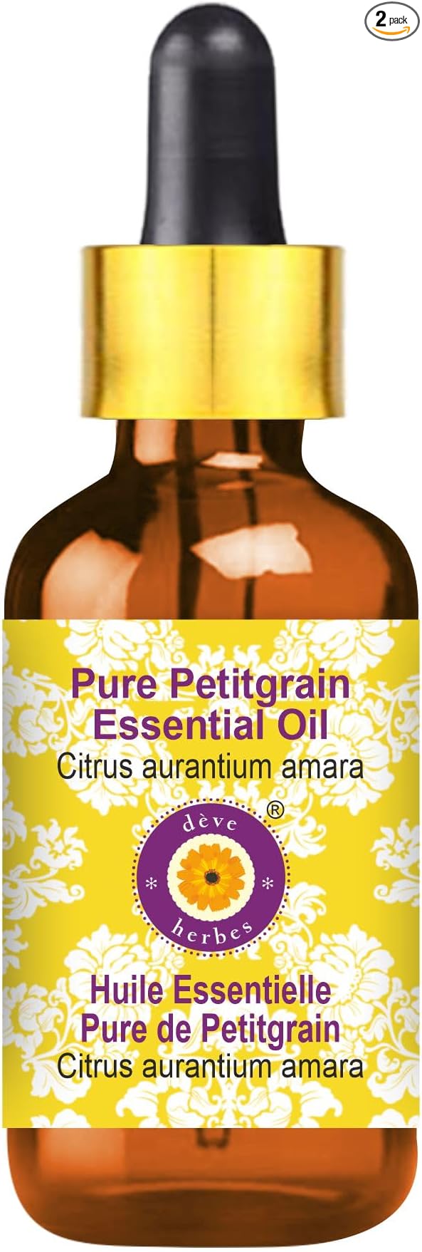 Deve Herbes Pure Petitgrain Essential Oil (Citrus aurantium Amara) with Glass Dropper Steam Distilled 50ml (1.69 oz)