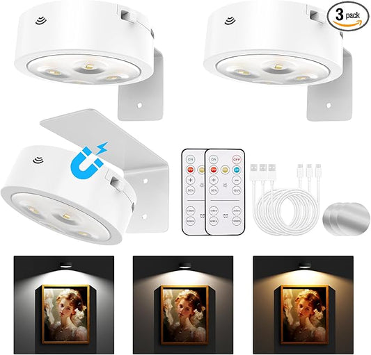 Tututry 3-Pack Picture Lights for Wall, Rechargeable Battery Magnetic Poster Lights with Remote Dimmable 3-Color Temps & Timer, LED Art Display Lighting for Paintings, Frames & Wall Art Decor (White)
