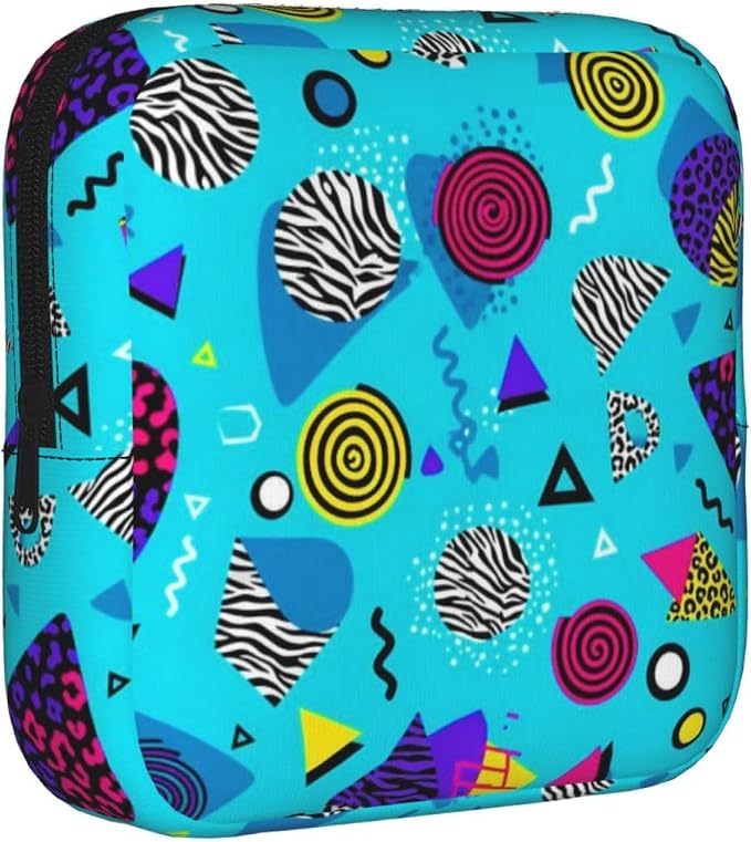Women's Reusable Sanitary Storage Bag Geometric Checkered Zebra Tiger Leopard Print Mint Green Retro 80S 90S, Cute Polyester Pad Pouch with Zipper, Holds Cosmetic Keys Panty Liners