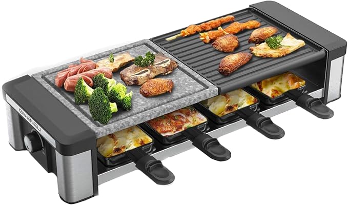 GIVENEU Raclette Grill 8 Person, 1200W, Natural Stone & Reversible Plate | 3-in-1 Stone, Grooved & Flat Plate; Dishwasher Safe Pans; Cheese Raclette, Korean BBQ, Teppanyaki; Christmas, Holiday Gift