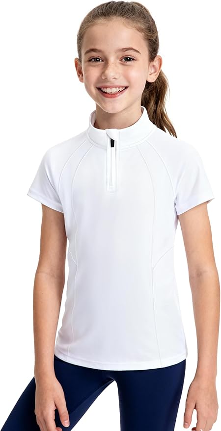 JOCMIC Girls Equestrian Shirt Short Sleeve Quick Dry Horse Riding Shirts Half Zip Horseback Show Shirt