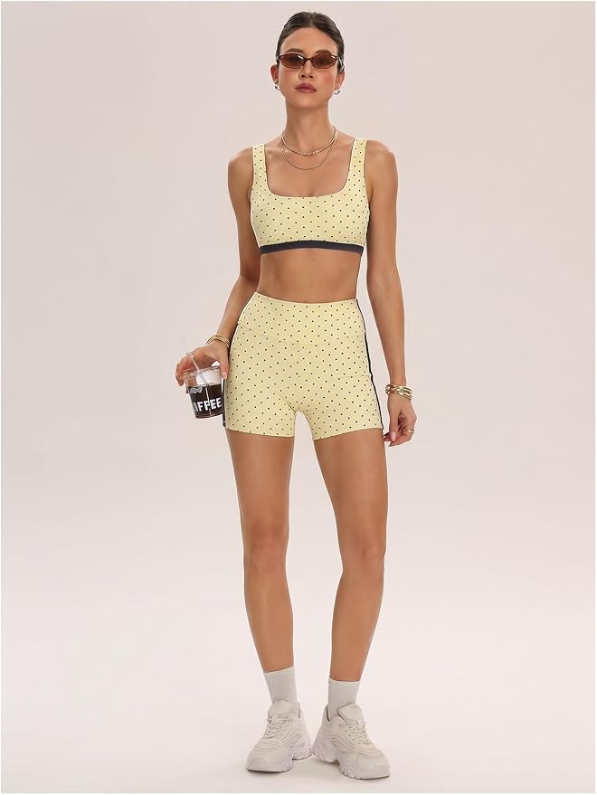 Milumia Women's Polka Dots Workout Set 2 Piece Color Block Bra Tank High Waisted Biker Shorts Layered Matching Yoga Outfit