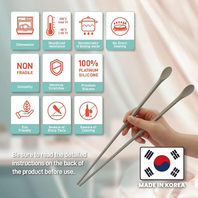 Reusable Long Silicone Cooking Chopsticks with Spoon 12 Inches 2 Pairs Set, Dishwasher Safe, BPA-free Non-Slip, Non-Scratch, Korean Japanese Kitchen Utensils (Pastel Grey 2 Set)