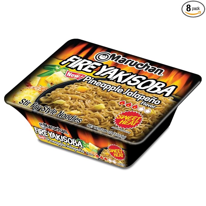 Maruchan Yakisoba, FIRE Pineapple Jalapeno Flavor – Stir-Fried Japanese Instant Ramen Noodles, High Protein Microwavable Meal – 4.23 Oz. (8 Pack)