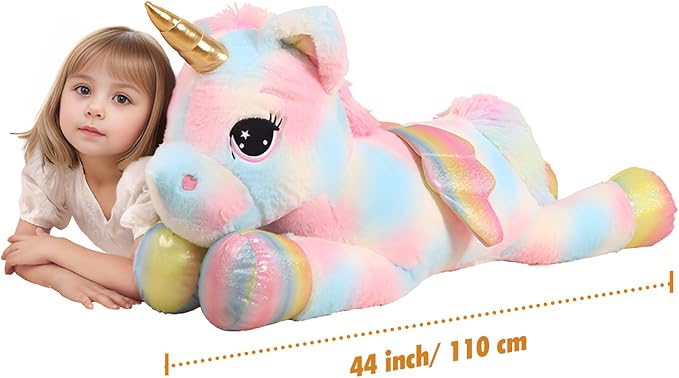 FFxiong 44 Inch Giant Color Unicorn Stuffed Animal Pillow, Cute Soft Big Unicorn with Rainbow Wings Large Plush Toy, Gifts for Girlfriend Girl Boy Kids Christmas Birthday Valentines