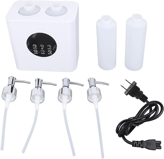 Massage Oil Heater with 4pcs 250ml Bottles, Temperature Range 30-65°C, Boosts Massage Oil Flowing, Dual Holes Adjustable Temperature Oil Warmers (US Plug)