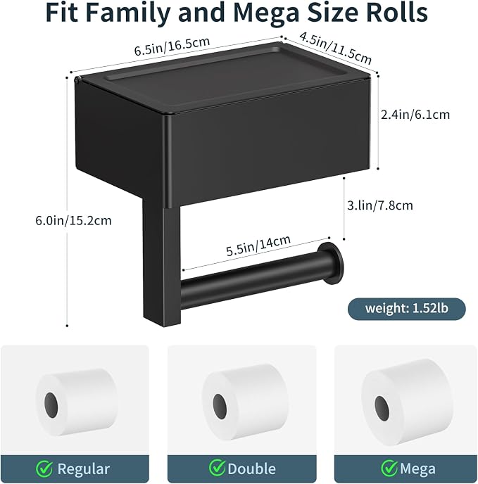 FORIOUS Toilet Paper Holder with Shelf, Sanitary Napkin Receptacle Tampon Holder, Wall Mount Toilet Paper Holder with Storage, Flushable Wipes Dispenser Fits for Bathroom Commercial(Black, 6.5 L) | The smaller, lighter box is not suitable for large wip...