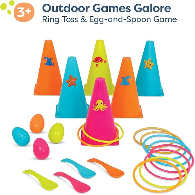 B. toys – Outdoor Games Galore Combo – Ring Toss & Egg-and-Spoon Game Set for Backyard Fun, Party Activities & Family Entertainment – Includes Easy-to-Grip Rings & Spoons – Kids Outdoor Toys 3+ Years