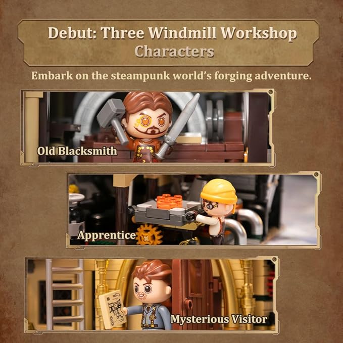 Steampunk Windmill Workshop Building Set - Dutch Windmill Architecture with Mechanical Drive with Motorized Rotating Blades,Gear Details,and Openable Wall - Collectible Display Kit for Adults
