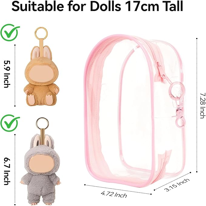 PVC Protective Case for Lububu 17cm Plush Doll, Blind Box Doll Display Case for Lafufu, Clear Hanging Storage Bag Keychain, Doll Clear Bag Carrying Bag for Figures (Pink)