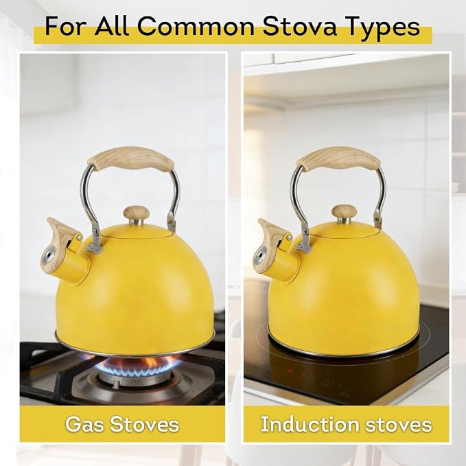 Lily's Home Whistling Tea Kettle, Teapot for Stovetop, Pleasant Whistle Sound, Heat Resistant Plastic Handle – Faux Wood Finish, Non Toxic Stove Kettle for Boiling Water - 2.5 Quarts (Yellow)