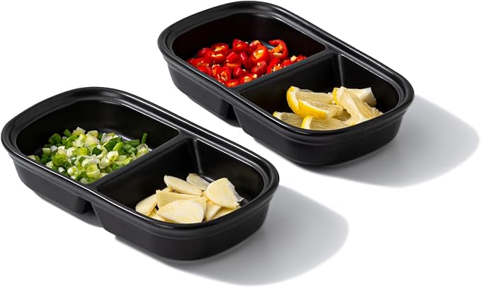 2PCS Ceramic Dishes, Ceramic Dish Stainless Steel Soy Tomato Sauce Salt Vinegar Sugar Spices Flavor Condiment Dip Bowls Korean BBQ Home Kitchen Plates (2 Grids Black)