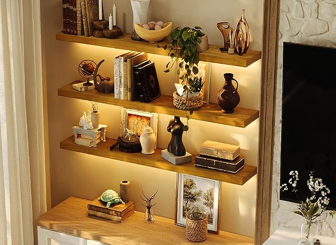 ROGMARS 48 Inches Long Walnut Floating Shelves with Led Light | Rustic Solid Wood Farmhouse Wall Shelves with Invisible Brackets for Bedroom, Living Room, Kitchen, Bathroom Set of 3