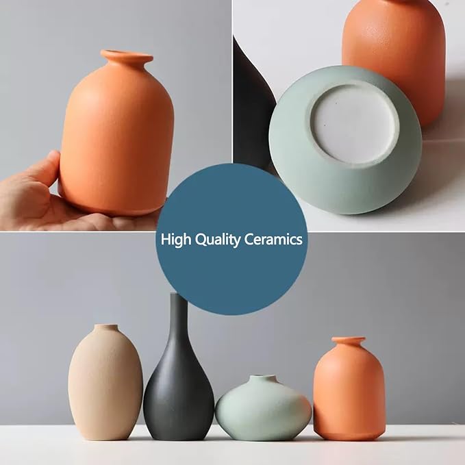 Set of 4 Small Matte Ceramic Vases - Modern & Bohemian Decor for Home, Office, Shelve, Living Room Table, Mantel, Bedroom, Entryway, Rustic Farmhouse Decorative Vases & More（Hademade
