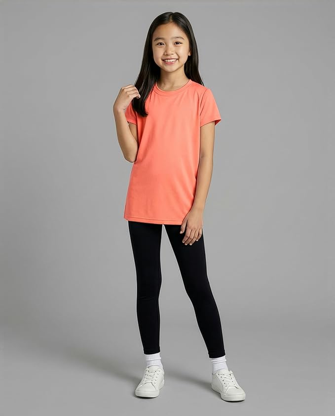 Real Essentials 5 Pack: Girls' Short Sleeve Dry-Fit Athletic T-Shirt - Active Gym Crew Neck Tops for Teens Kids (Ages 4-16)
