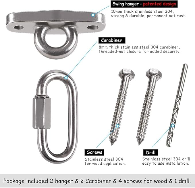 IOH 2 Pcs Heavy Duty Swing Hangers with 4 Screws SUS 304 Antirust, Playground Porch Yoga Seat Trapeze, Hammock Chair, Hanging Kit, Indoor Outdoor, 2000lb Capacity | 2 Quick Link Oval Carabiner |