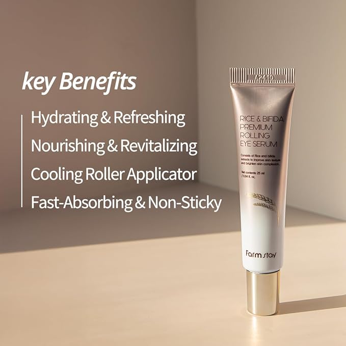 Farmstay Rice & Bifida Premium Rolling Eye Serum with Niacinamide, Dark Spot Remover Correcting, Cooling & Soothing Eye Cream for Puffy, for Women & Men, Korean Skin Care, 0.84 fl. oz.