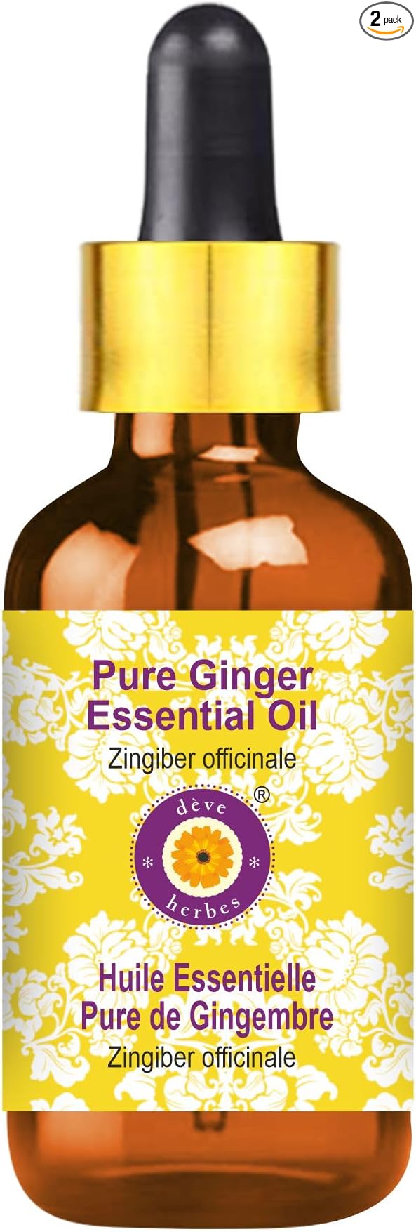 Deve Herbes Pure Ginger Essential Oil (Zingiber officinale) with Glass Dropper Steam Distilled 50ml (1.69 oz)