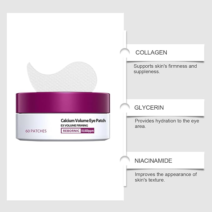 Calcium Volume Eye Patch with Rebornic 10,000ppm & Hydrolyzed Elastin – 60 Patches for Puffiness Relief, Fine Lines, Firming & Lifting, Hydrating Eye Patches for Face and Neck Care