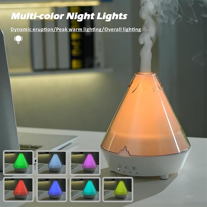 Volcano Aromatherapy Diffuser 180ML Essential Oil Diffuser Small Humidifier with 7 Colors Night Lights,Remote Control for Bedroom,Office(White)