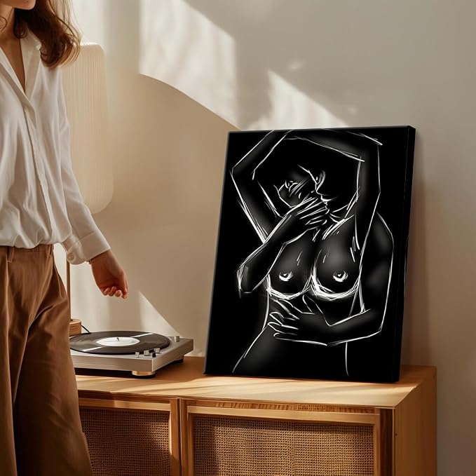 Yeesjoee Wall Art Sexy Couples Modern Picture, Nude Lover Man Kiss Woman Intimate Embrace Canvas Paint, Abstract Black White Prints Artwork Sensual Bedroom Living Room Hotel Bar Decor, 18x24 in Framed