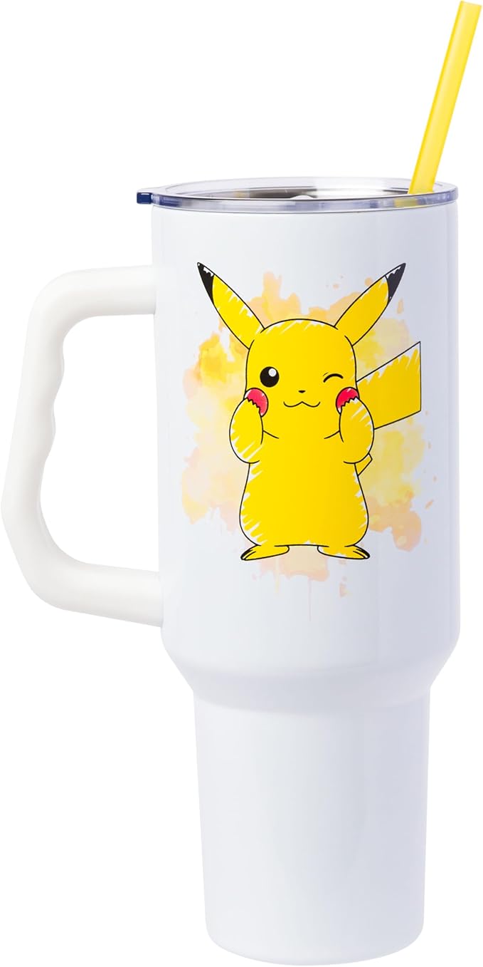 Silver Buffalo Pokémon Double Walled Stainless Steel Tumbler with Handle Featuring Pikachu, Fits in Standard Cup Holder, 40 Ounces