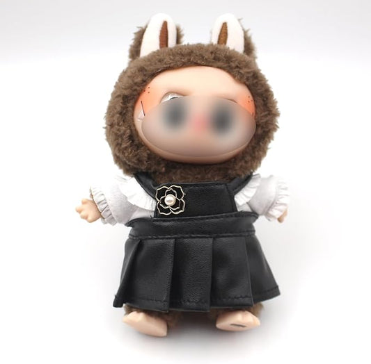 17cm Doll Clothes ,Black and White Cute Dress Outfit fits Labubu Girl- Chic Leather Overalls Skirt