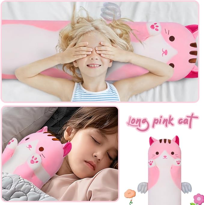 Long Cat Body Pillow for Kids, Cute Cat Stuffed Animals Gifts for Girls, Long Cat Plush Toy for Birthday, Soft Cat Plushies Pillow (Pink, 43.3in/110cm)
